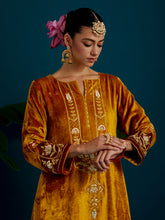 Mustard Orange Velvet notched neck kurta