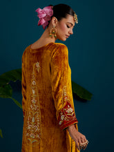 Mustard Orange velvet notched neck kurta and pant set