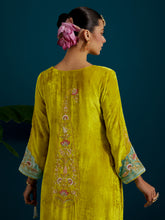 Lime Green Velvet notched neck kurta
