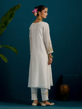 Off White notched neck long yoke kurta and pant set
