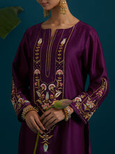 Purple notched neck long yoke kurta and pant set