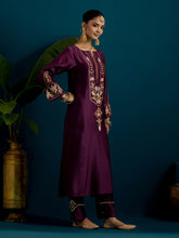 Purple notched neck long yoke kurta
