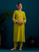 Lime green notched neck long yoke kurta
