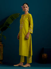 Lime green notched neck long yoke kurta