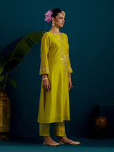 Lime green notched neck long yoke kurta