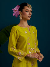 Lime Green notched neck long yoke kurta pant set