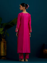 Fuchsia notched neck long yoke kurta and pant set