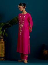 Fuchsia notched neck long yoke kurta and pant set