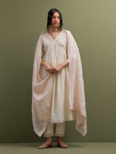 Ivory Mul Chanderi gather Kurta, pant and dupatta set with cotton sleeveless inner kurta