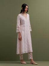 Pink V neck Mul Chanderi Kurta and pant set with dupatta