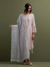 Pink Mul Chanderi high low Kurta,pant and dupatta set