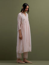 Pink Mul Chanderi gather Kurta, pant and dupatta set with cotton sleeveless inner kurta