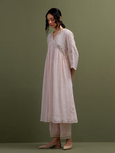 Pink Mul Chanderi gather Kurta, pant and dupatta set with cotton sleeveless inner kurta