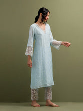 Blue V neck Mul Chanderi Kurta and pant set