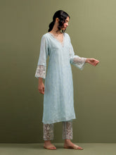 Blue V neck Mul Chanderi Kurta and pant set with dupatta