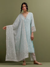 Blue V neck Mul Chanderi Kurta and pant set with dupatta