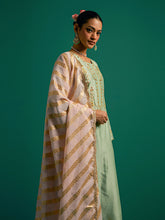 Green hand embroidered silk chanderi kurta set with light pink chanderi dupatta