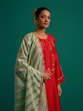 Red hand embroidered silk chanderi kurta set with green chanderi dupatta