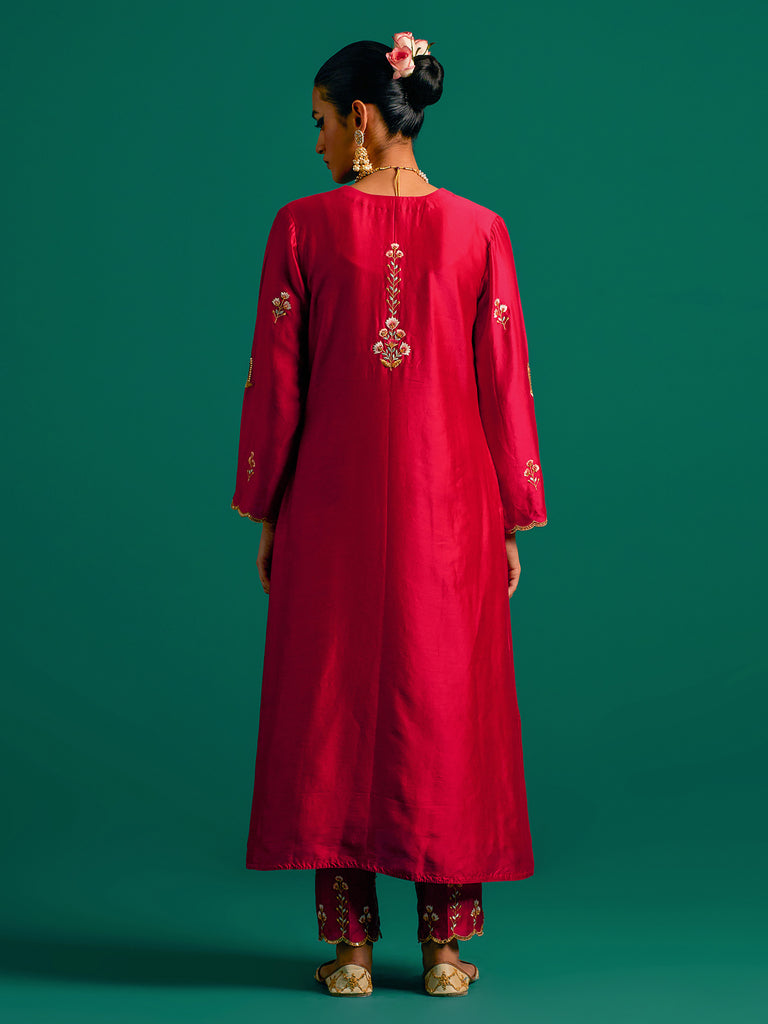 Women Red Chanderi Kurta Set With Pant And Duppata Set