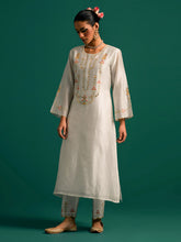 Off White hand embroidered silk chanderi kurta set with dark pink dupatta