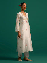 Off White V neck hand embroidered silk chanderi kurta set with green chanderi dupatta