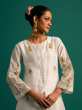 Off White hand embroidered silk chanderi kurta and pant Set with dark pink chanderi dupatta