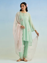 Green high low kurta with pant and dupatta