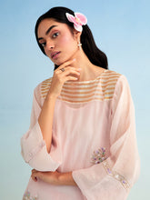 Pink high low golden striped patch kurta with pant