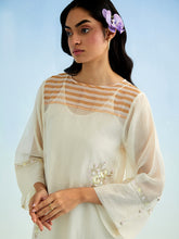 Ivory golden striped patch kurta with pant and dupatta