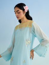 Blue high low golden striped patch kurta with pant