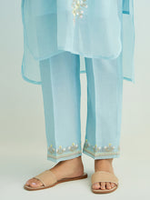 Blue high low golden striped patch kurta with pant