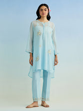Blue high low kurta with pant and dupatta