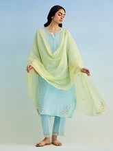Blue golden striped sleeves kurta with pant and dupatta