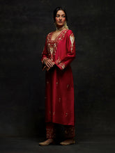 Red embroidered yoke kurta set