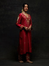 Red embroidered yoke kurta