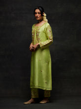 Green embroidered placket kurta set