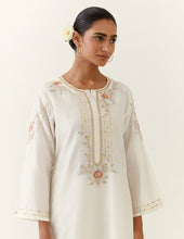 Off White hand embroidered silk chanderi kurta with placket