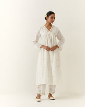 Off White hand embroidered silk chanderi kurta with gathers