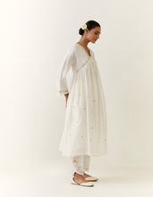 Off White hand embroidered silk chanderi kurta with gathers