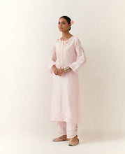 Light Pink hand embroidered silk chanderi kurta with placket