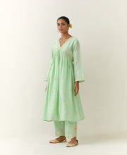 Green hand embroidered silk chanderi kurta with gathers