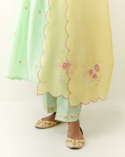 Yellow scalloped dupatta with hand embroidered floral motifs