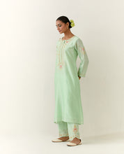 Green hand embroidered silk chanderi kurta with placket
