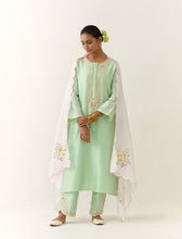 Green hand embroidered silk chanderi kurta with placket