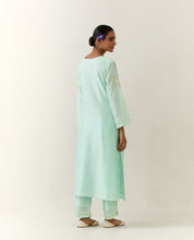 Mint hand embroidered silk chanderi kurta with placket