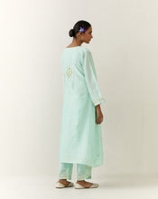 Mint hand embroidered silk chanderi kurta with gathers