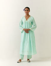 Mint hand embroidered silk chanderi kurta with gathers