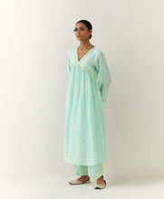 Mint hand embroidered silk chanderi kurta with gathers