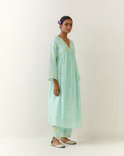 Mint hand embroidered silk chanderi kurta with gathers