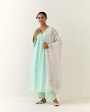 Mint hand embroidered silk chanderi kurta with gathers